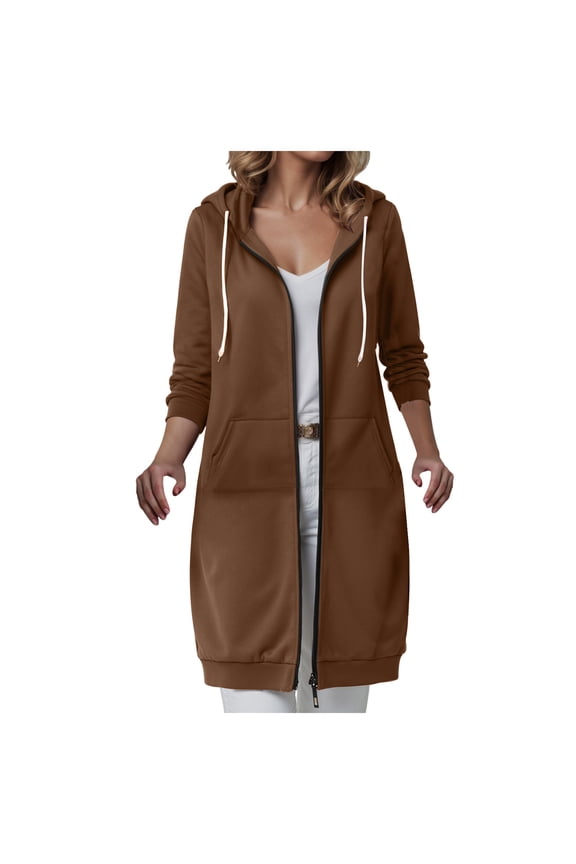 Wateresty Women Casual Zip up Polyester Hoodies, Long Hoodie Tunic Jackets Long Sleeve Sweater Dress with Side Pockets (Coffee, XL)