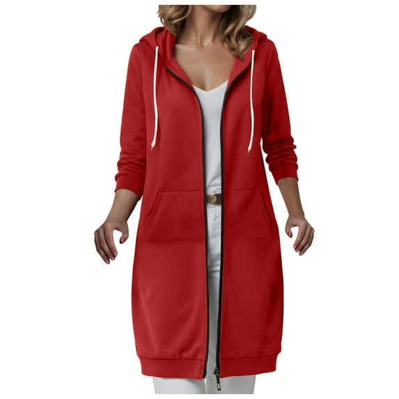 GEWSEY Wateresty Women Casual Zip up Polyester Hoodies, Long Hoodie Tunic Jackets Long Sleeve Sweater Dress with Side Pockets (Red, 3XL)