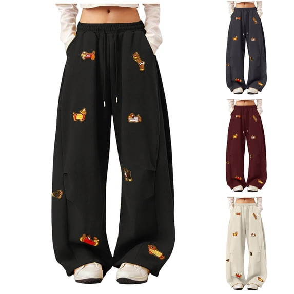 GEWSEY Wide Leg Baggy Sweatpants for Women Men Dachshund Embroidery Drawstring Sweat Pants Trendy Athletic Pants Clothes (Black, XL)