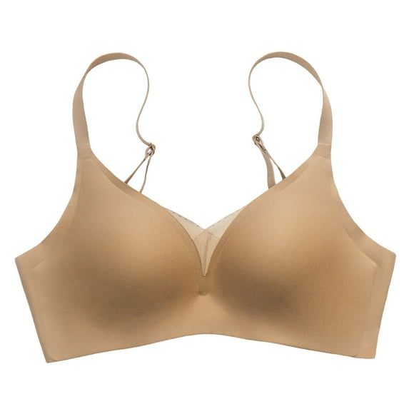 GEWSEY Wireless Bra for Women V Mesh Seamless No Underwire Comfortable Bralette Push Up Tshirt Supportive Everyday Bras (Khaki, XL)