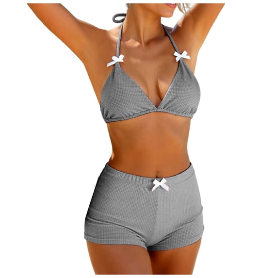 GEWSEY Women 2 Piece Bikini Shorts Set Y2k Halter String Triangle Bikini Top with Low Rise Swim Boyshorts Beachwear Black for Size S