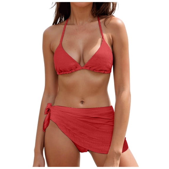 GEWSEY Women 3 Piece Swimsuits - Sexy Triangle Bikini Sets with Cover Up Halter String Tie Side Bathing Suits (Red, XL)