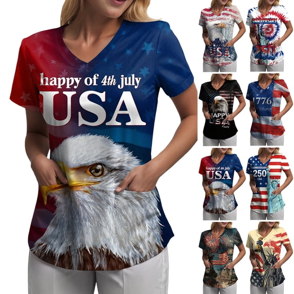 GEWSEY Women American Flag Independence Day 250th Anniversary Scrub Shirts Short Sleeve V Neck Nursing Tops with Pockets (Dark Blue, XL)