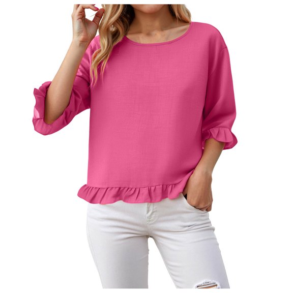 GEWSEY Women Blouse Tops Lightweight Round Neck Ruffled Hem Mid-Sleeve Cotton and Linen Top Casual Ruffle Solid Short Sleeve T-shirt (Hot Pink, S)