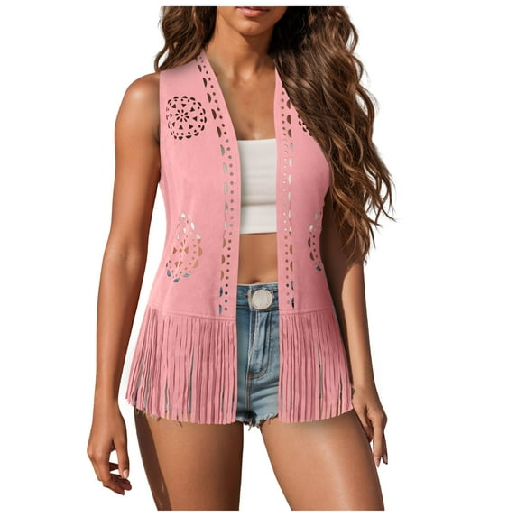 GEWSEY Women Western Tassels Vest Tops 70s Hippie Suede Fringe Vests Jacket Cardigan Open Front Rodeo Cowgirl Shirt (Pink, M)