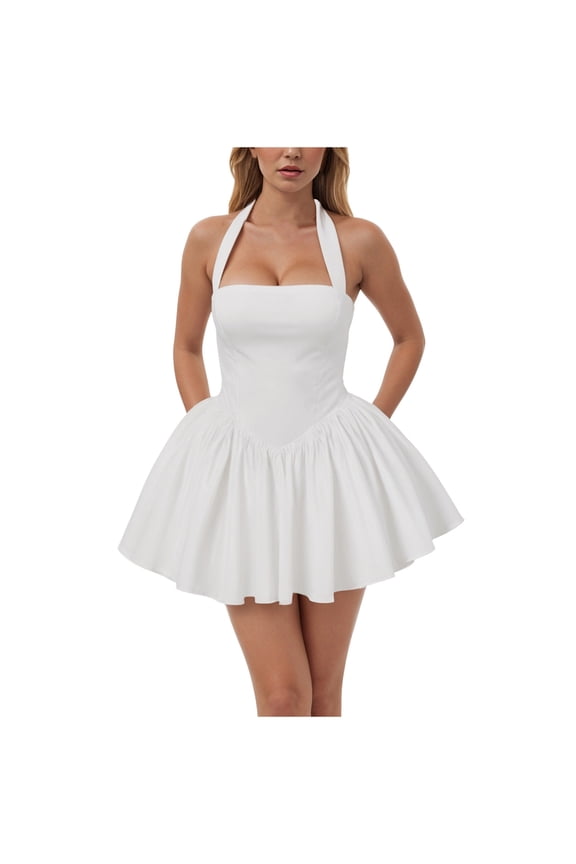 Women Bubble Mini Dress Cute Tie up Backless Sleeveless Party Short Graduation Dress Summer Dress White, S