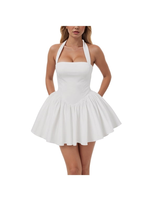 Women Bubble Mini Dress Cute Tie up Backless Sleeveless Party Short Graduation Dress Summer Dress White, S