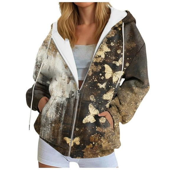 GEWSEY Women Butterfly Graphic Hoodies Y2K Full Zip Up Long Sleeve Fall Sweatshirts Drawstring Jackets (Gold, L)