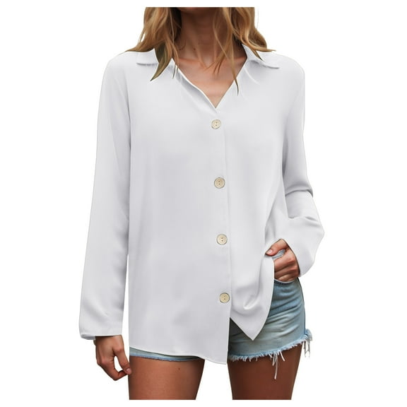 GEWSEY Women Button Down Shirts Long Sleeve Chiffon Office V Neck Casual Business Blouses Tops (White, XL)