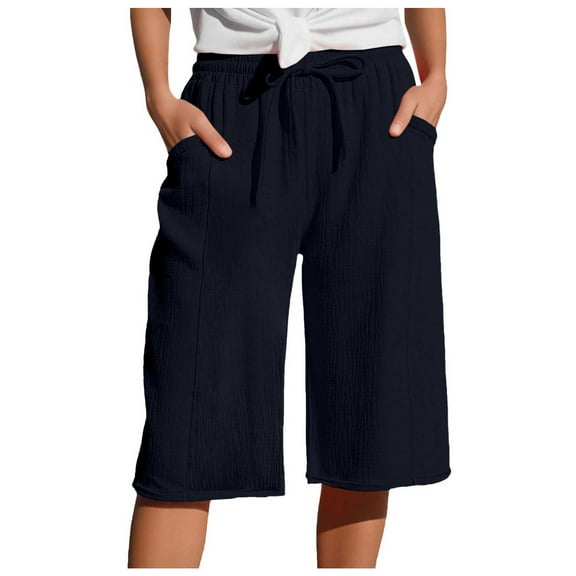 GEWSEY Women Capri Pants Cotton Yoga Wide Leg Pajama Pants Capris Sweatpants Sports (Navy, XL)