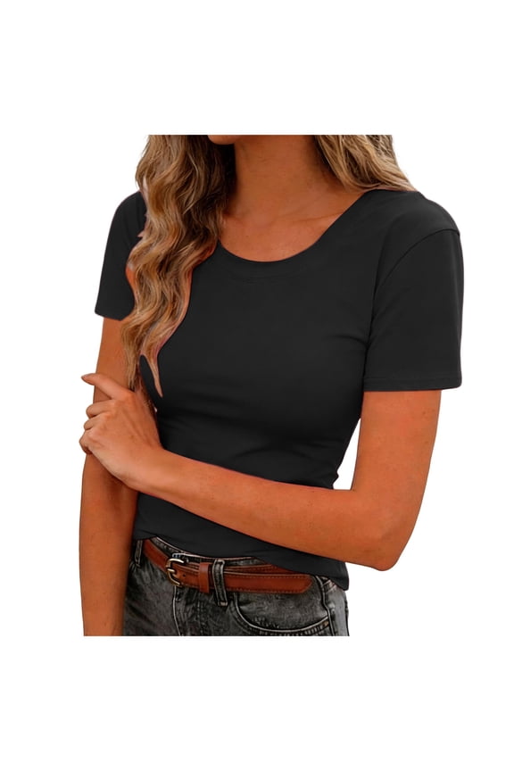 Women Casual Basic T Shirts Top Y2k Crop Tops Trendy Tight Tshirts Tee Slim Fit Clothes (Black, XXL)
