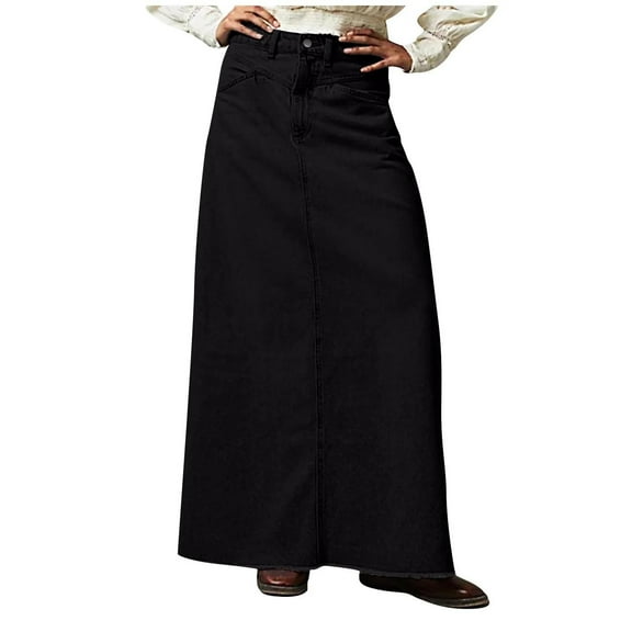 GEWSEY Women Casual Denim Maxi Skirt Elastic High Waist Tiered A Line Long Jean Skirt Y2k Western Patchwork 2025 (Black, S)