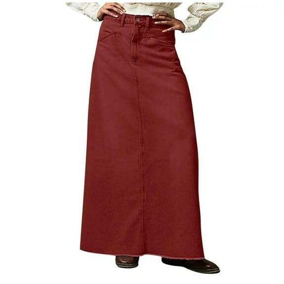 GEWSEY Women Casual Denim Maxi Skirt Elastic High Waist Tiered A Line Long Jean Skirt Y2k Western Patchwork 2025 (Red, S)