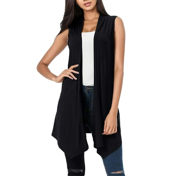 GEWSEY Women Casual Sleeveless Open Front Tunic Vest Long Cardigan Tops Coat (Black, XXL)