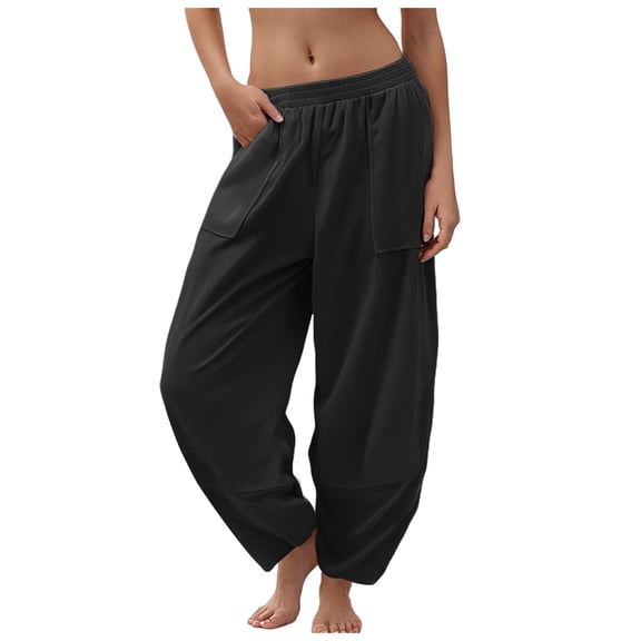 GEWSEY Women Cotton Pants Wide Leg Pants Casual Loose Baggy Elastic Waist Beach Palazzo Harem Pants (Black, S)