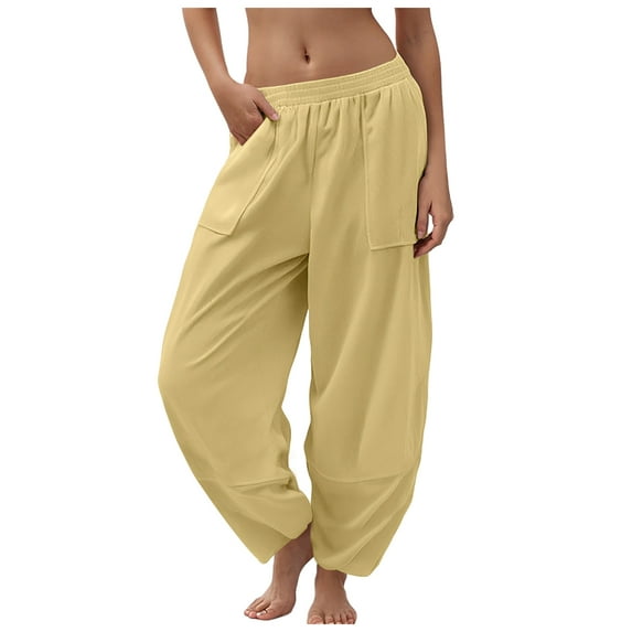 GEWSEY Women Cotton Pants Wide Leg Pants Casual Loose Baggy Elastic Waist Beach Palazzo Harem Pants (Yellow, S)