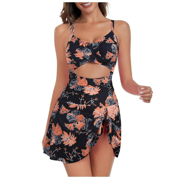 GEWSEY Women Cutout One Piece Skirt Swimsuit V Neck Wrap Tie Back Swimdress Tummy Control Bathing Suits Red, S