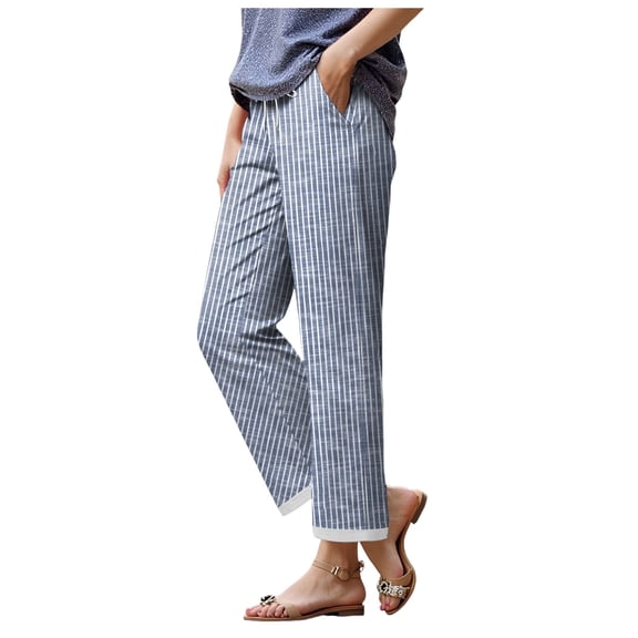 GEWSEY Women Drawstring Striped Pants Loose Wide Leg Lounge Pants Casual Palazzo Pants Trousers with Pockets (Navy, S)