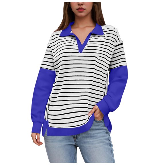 GEWSEY Women Fall V Neck Sweater Color Block Polo Long Sleeve Shirt Casual Loose Striped Pullover Sweaters (Blue, S)