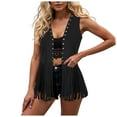thumbnail image 1 of GEWSEY Women Fringe Vest Tops Vintage Western Classic Suede Leather Open Front Sleeveless Cardigan 70s Cowboy Jacket (Black, XL), 1 of 7