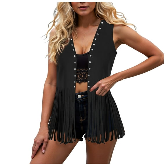GEWSEY Women Fringe Vest Tops Vintage Western Classic Suede Leather Open Front Sleeveless Cardigan 70s Cowboy Jacket (Black, XL)
