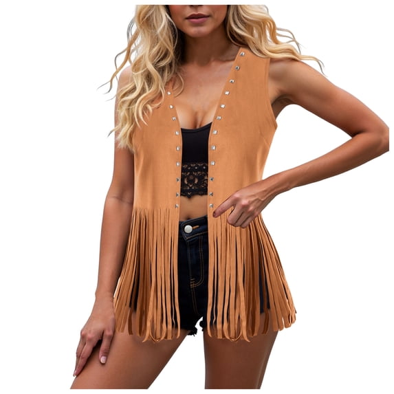 GEWSEY Women Fringe Vest Tops Vintage Western Classic Suede Leather Open Front Sleeveless Cardigan 70s Cowboy Jacket (Brown, L)