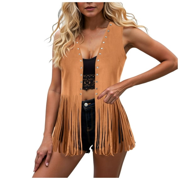 GEWSEY Women Fringe Vest Tops Vintage Western Classic Faux Suede Leather Open Front Sleeveless Cardigan 70s Cowboy Jacket (Brown, M)