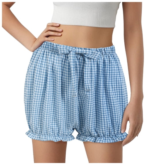 GEWSEY Women Gingham Boy Drewstring Shorts Smocked Plaid Bloomers Cute Frill Ruffle Sexy Micro Shorts Bottoms Y2k Pettipants (Blue, M)