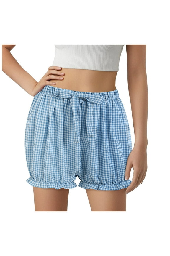 Women Gingham Boy Drewstring Shorts Smocked Plaid Bloomers Cute Frill Ruffle Sexy Micro Shorts Bottoms Y2k Pettipants (Blue, XL)