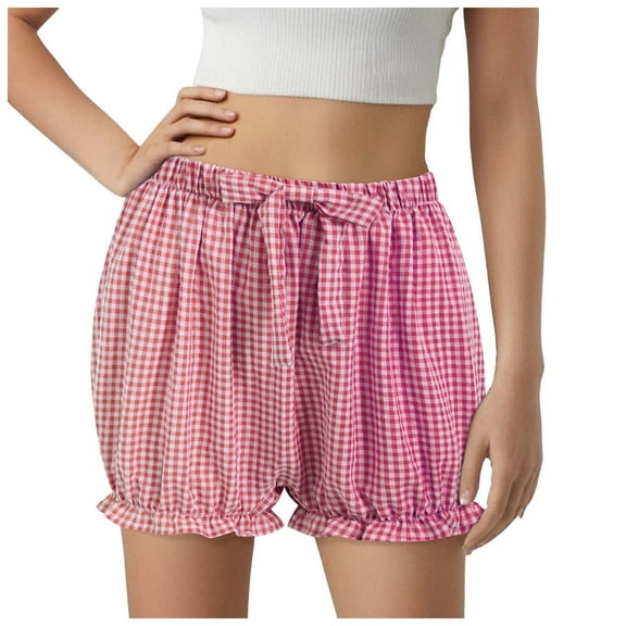 GEWSEY Women Gingham Boy Drewstring Shorts Smocked Plaid Bloomers Cute Frill Ruffle Sexy Micro Shorts Bottoms Y2k Pettipants (Red, M)