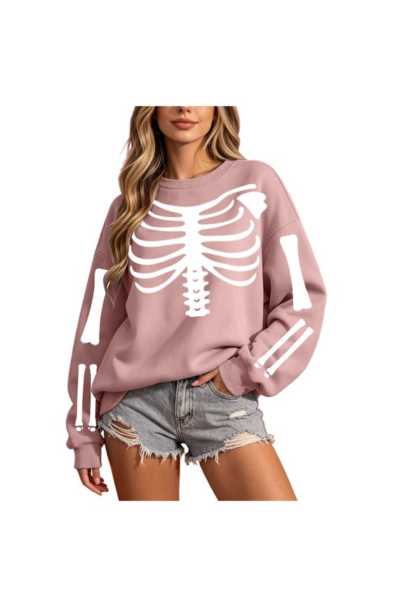 Women Halloween Skeleton Rib Cage Sweatshirt Crewneck Casual Sweatshirt Long Sleeve Front Back Print Pullover Tops (Pink, XXL)