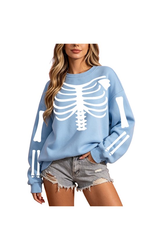 Women Halloween Skeleton Rib Cage Sweatshirt Crewneck Casual Sweatshirt Long Sleeve Front Back Print Pullover Tops (Sky Blue, L)