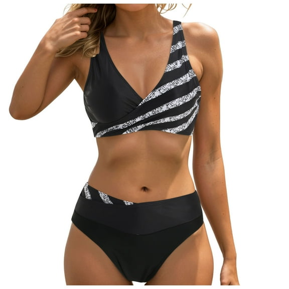 GEWSEY Women High Waisted Bikini Sets Tummy Control Swimsuits Color Block Two Piece Drawstring Bathing Suit (Black, XL)