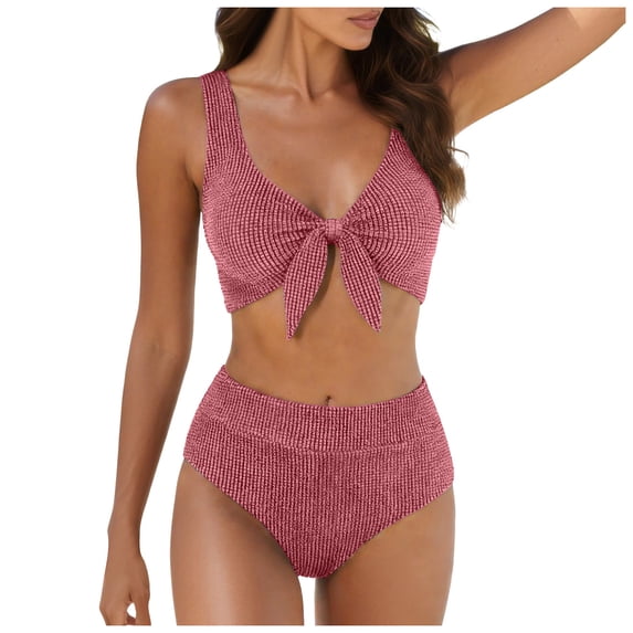 GEWSEY Women High Waisted Bikini Sets, Two Piece Swimsuit Tummy Control, Textured Bathing Suits, Tie Knot Swimwear (Brick Red, L)