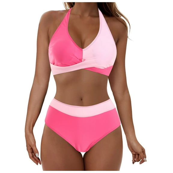GEWSEY Women High Waisted Halter Bikini Sets Tummy Control Swimsuits Color Block Two Piece Bathing Suit (Light Pink, L)