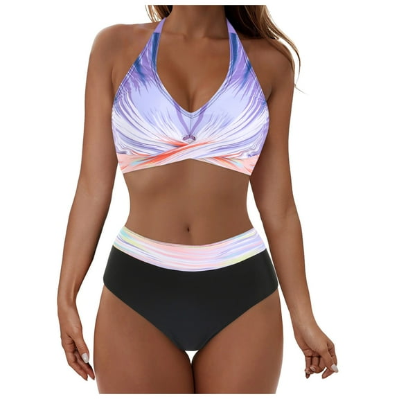 GEWSEY Women High Waisted Halter Bikini Sets Tummy Control Swimsuits Color Block Two Piece Bathing Suit (Light Purple, M)