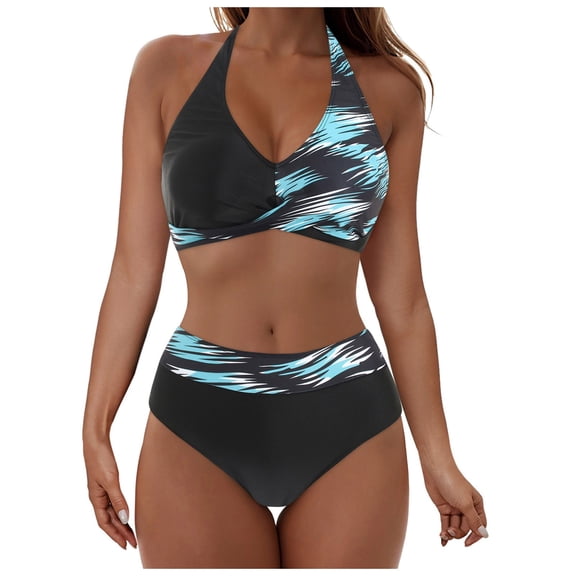 GEWSEY Women High Waisted Halter Bikini Sets Tummy Control Swimsuits Color Block Two Piece Bathing Suit (Sky Blue, XXL)