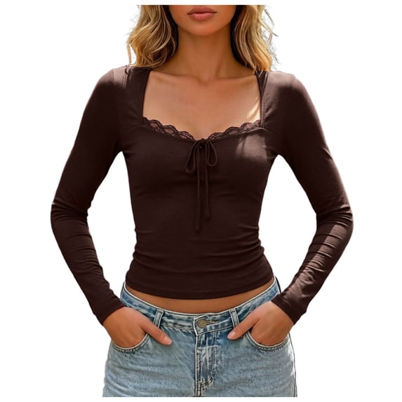 GEWSEY Women Lace Trim Crop Tops Y2K Square Neck Long Flare Sleeve Slim T Shirts Fairy Grunge Basic Top Blouses (Coffee, XS)
