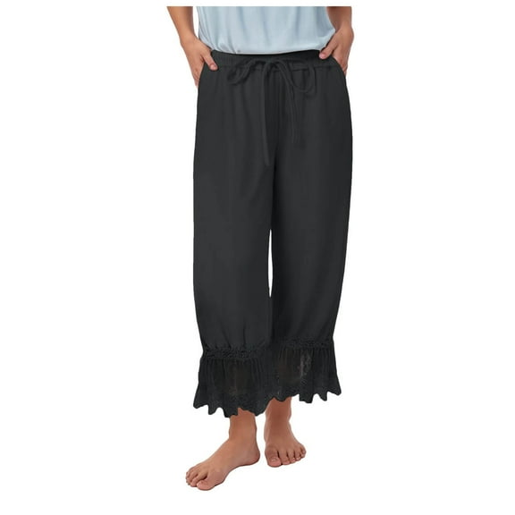 GEWSEY Women Lace Trim Pettipants Ruffle Pumpkin Pants Bloomers Vintage Long Pantaloons Wide Leg Lounge Capris Slip Pants Black, L