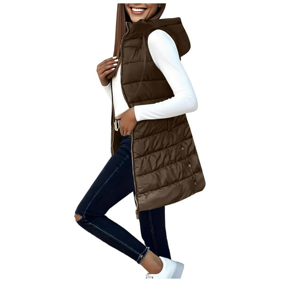 GEWSEY Women Long Vest Solid Color Sleeveless Hood Winter Puffer Vest Outwear (Coffee, XL)