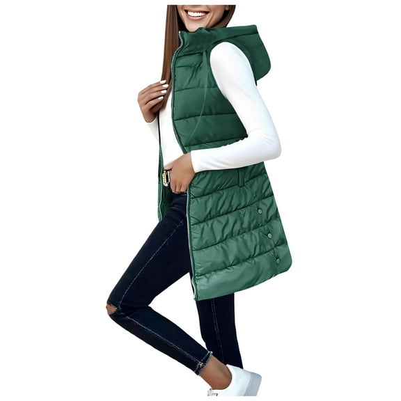 GEWSEY Women Long Vest Solid Color Sleeveless Hood Winter Puffer Vest Outwear (Dark Green, M)