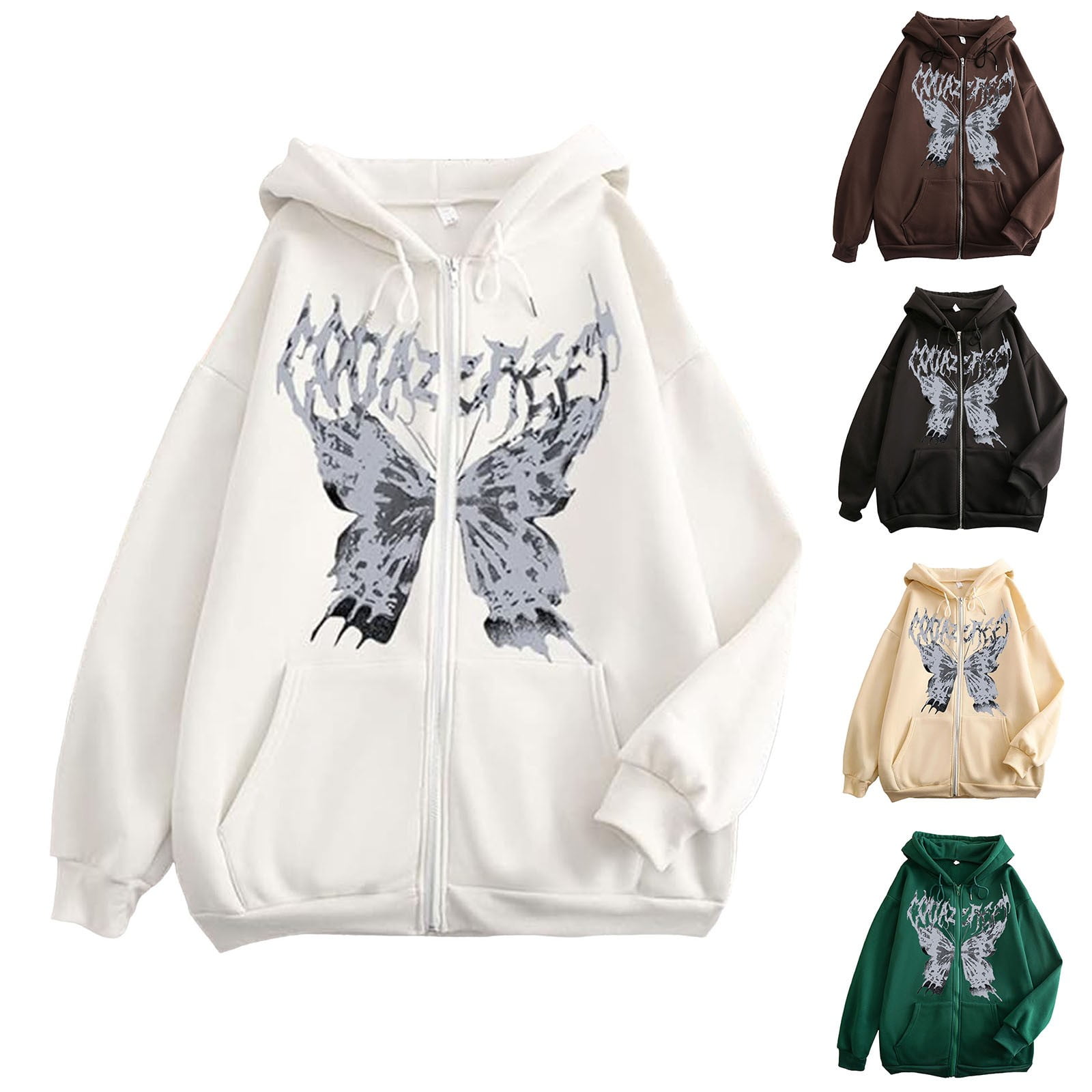 GEWSEY Women Men Y2K Zip Up Oversized Hoodie Skeleton Butterfly