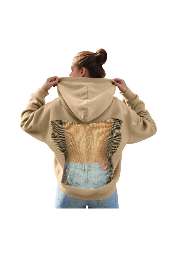Women Mesh Back Hoodie See Through Fishnet Oversized Sweatshirt Backless Going Out Tops (A-Beige, XXL)
