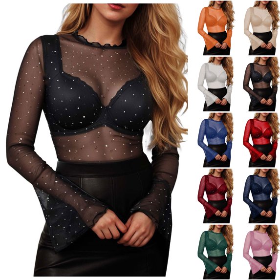 GEWSEY Women Mesh Tops Rhinestone Tops Long Bell Sleeve Blouses Glitter Shirts Sexy Clubwear Outfits S-XXL (Green, XL)