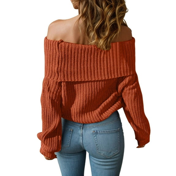 GEWSEY Women Off Shoulder Sweater Long Sleeve Knit Sweater Loose Pullover Jumper Tops (Orange, XXL)