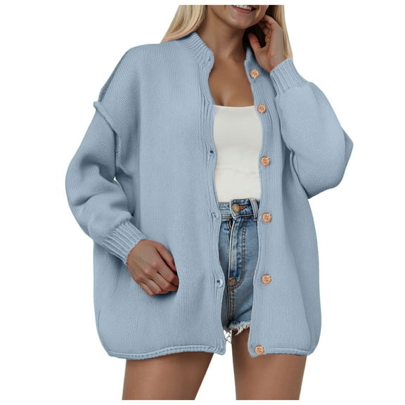 GEWSEY Women's 2025 Long Sleeve Cardigan Sweater Fall Crew Neck Button Open Front Knit Outfits (Blue, S)