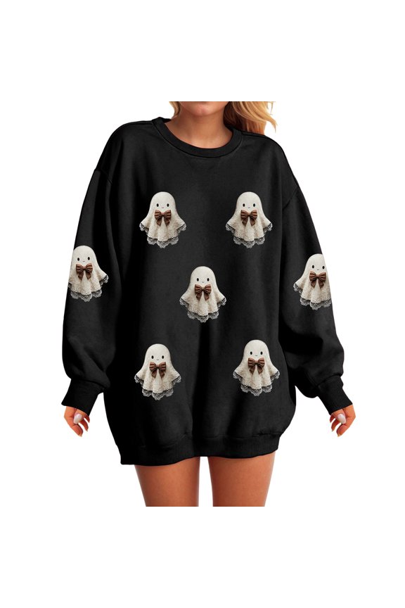 Women Sequin Halloween Sweatshirts Long Sleeve Sparkle Glitter Pumpkin Ghost Halloween Ugly Pullover (Black, XL)