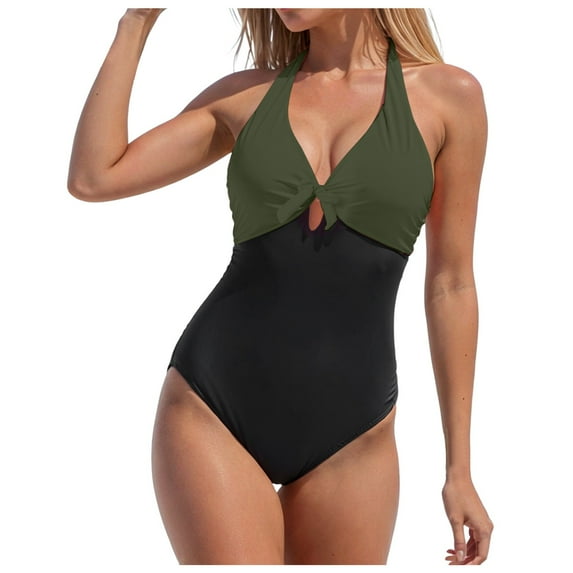 GEWSEY Women Sexy Tummy Control Deep V Neck One Piece Swimsuits Halter Push Up Bathing Suits (Green, XL)