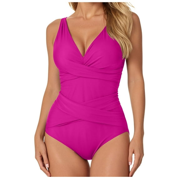 GEWSEY Women Sexy Tummy Control One Piece Swimsuits Halter Push Up Bathing Suits Hot Pink, L
