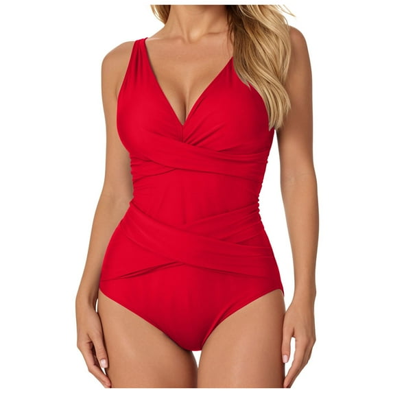 GEWSEY Women Sexy Tummy Control One Piece Swimsuits Halter Push Up Bathing Suits Red, XL
